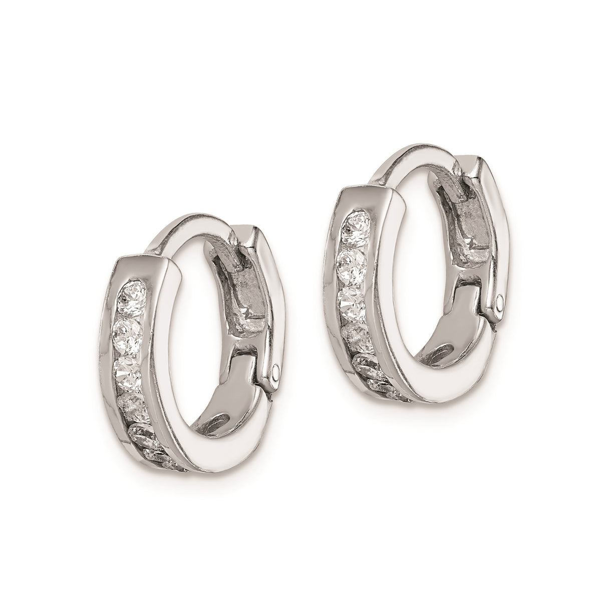 Sterling Silver Huggie Hoop Earrings with Round Cubic Zirconia, Polished Channel Setting