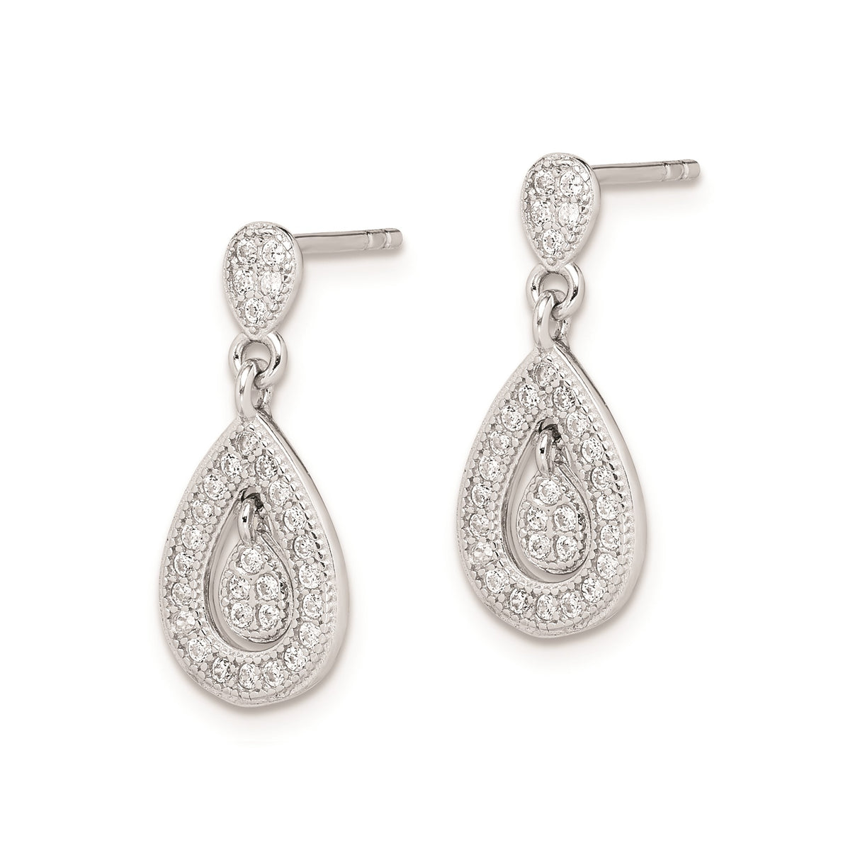 Sterling Silver Dangle Earrings with Cubic Zirconia, Double Drop Teardrop Design