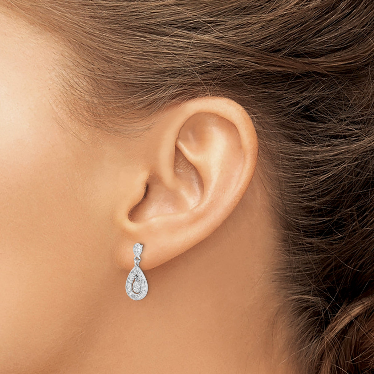 Sterling Silver Dangle Earrings with Cubic Zirconia, Double Drop Teardrop Design