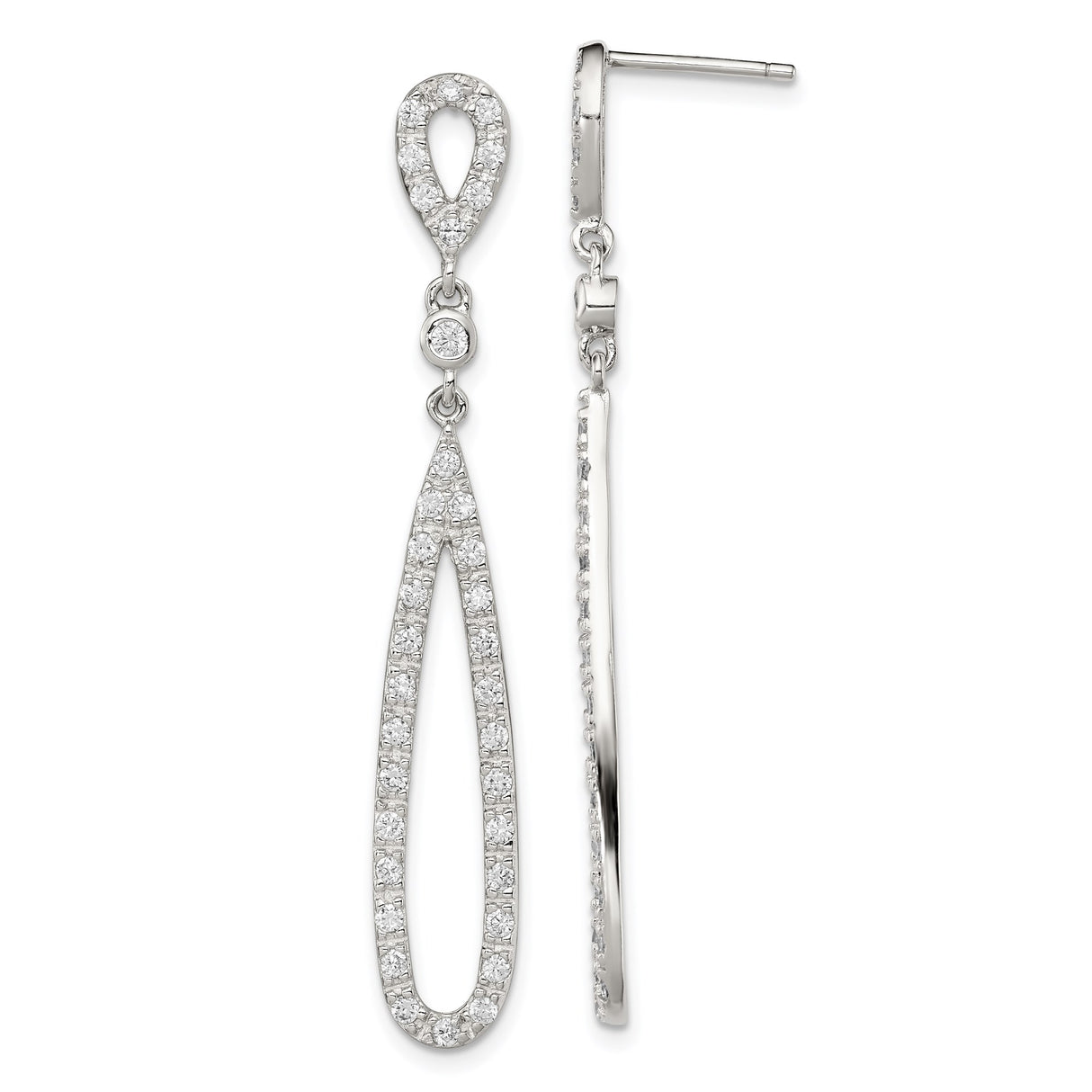 Sterling Silver Dangle Earrings with Cubic Zirconia, Elongated Teardrop Drop Design