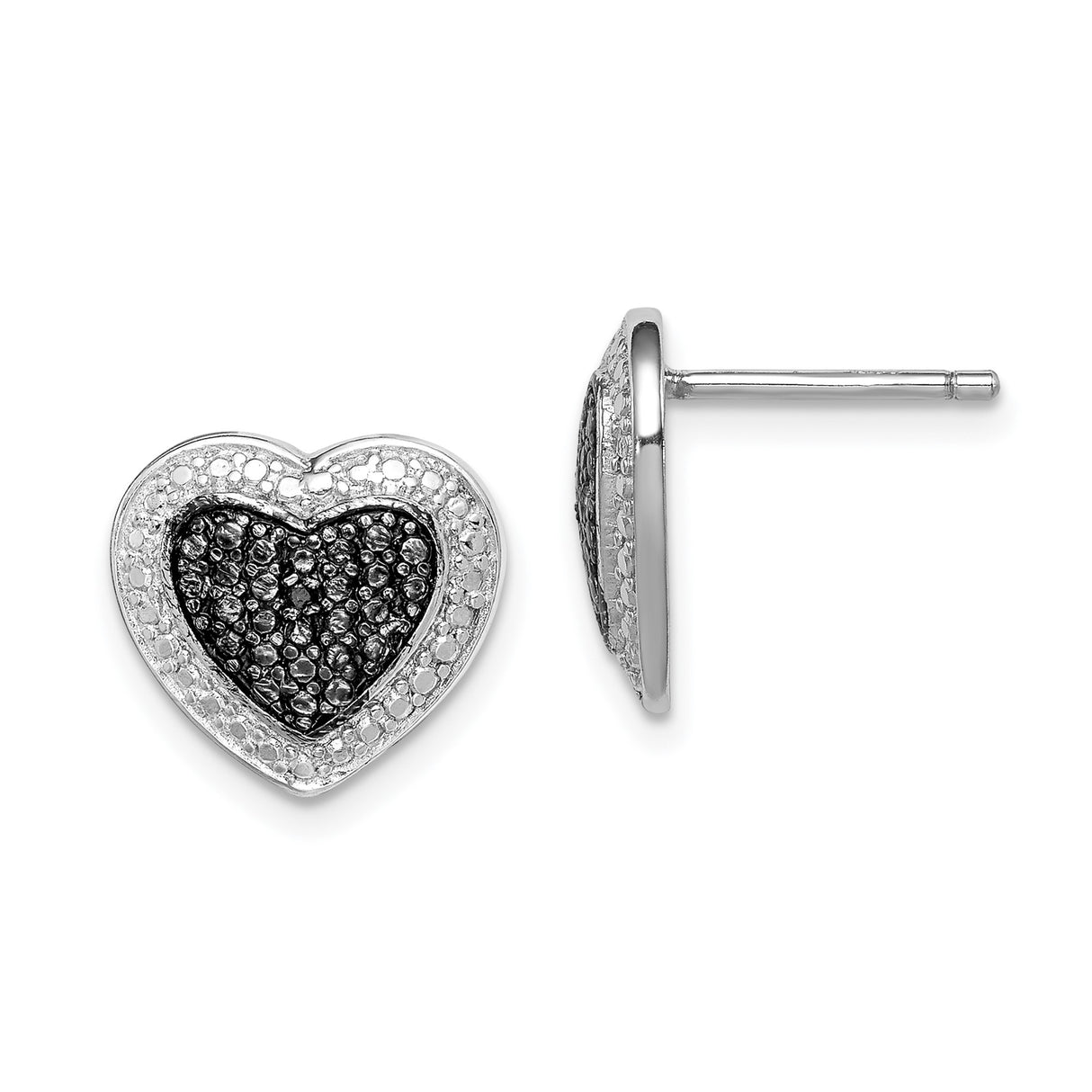 Sterling Silver Heart Stud Earrings with Black and White Cubic Zirconia Pavé Accents