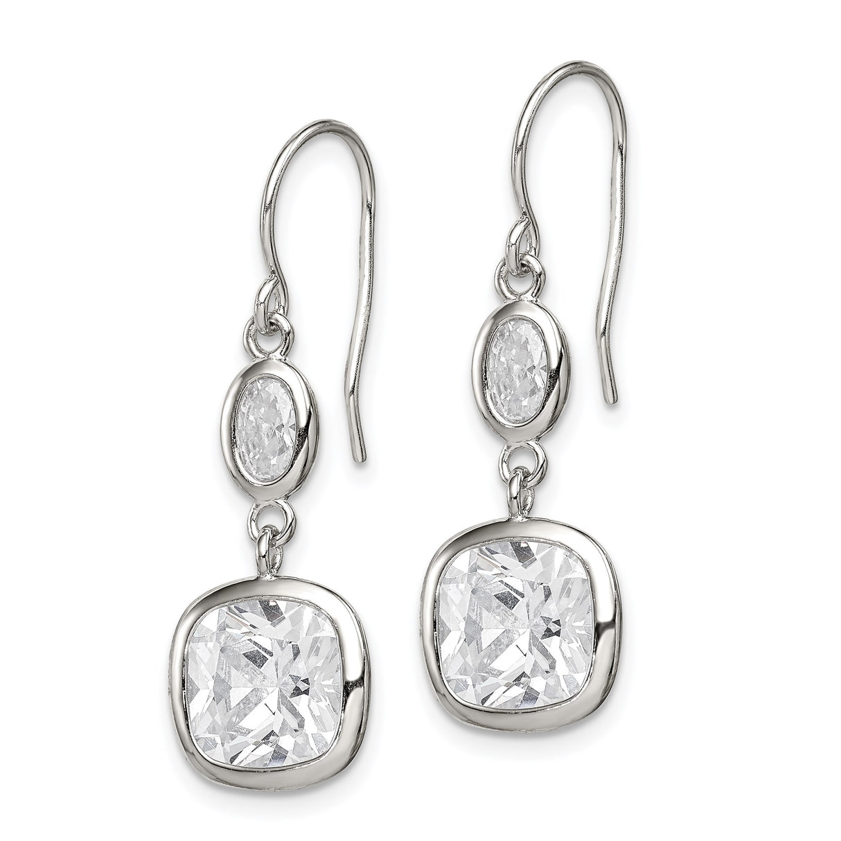 Sterling Silver Drop Earrings with Cushion Cut and Oval Cubic Zirconia Bezel Settings