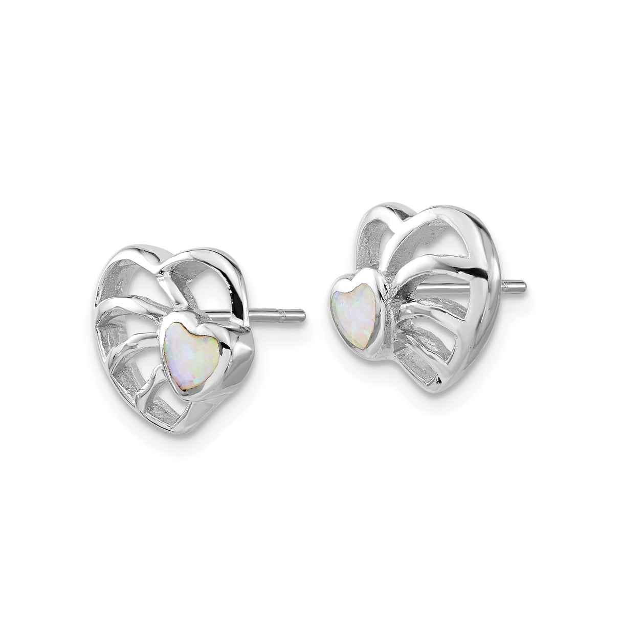 Sterling Silver Heart Shaped Stud Earrings with Created Opal and Openwork Design