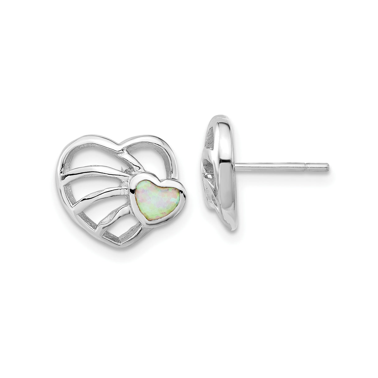 Sterling Silver Heart Shaped Stud Earrings with Created Opal and Openwork Design
