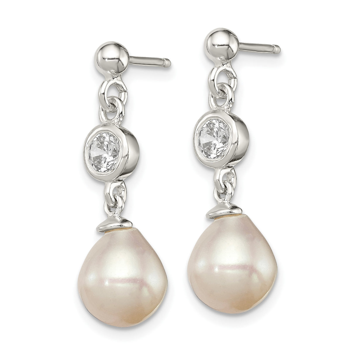 Sterling Silver Dangle Earrings with Teardrop Pearl and Cubic Zirconia Accents, Bridal Style