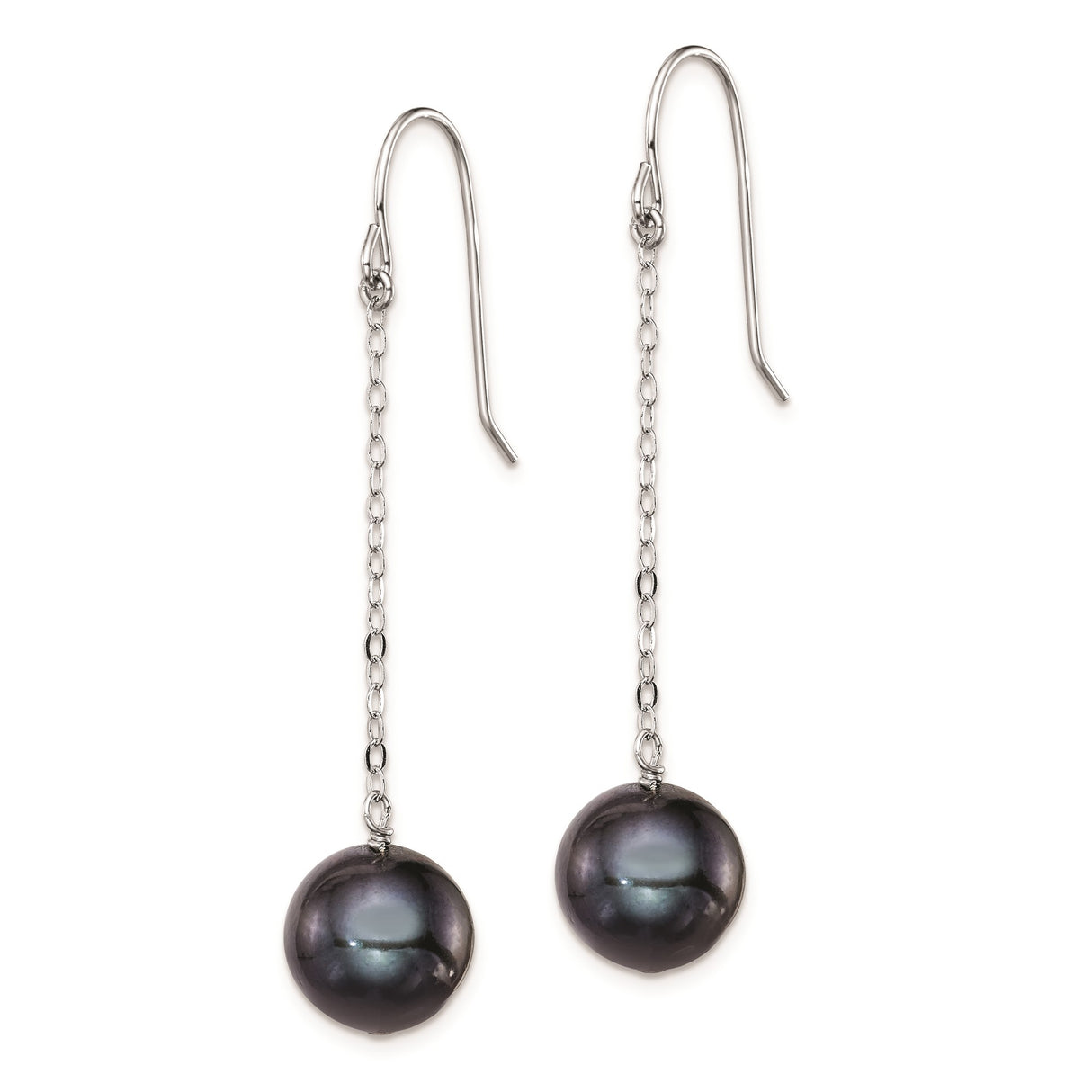 Sterling Silver Dangle Earrings with Black Freshwater Pearls, Long Chain Drop Style