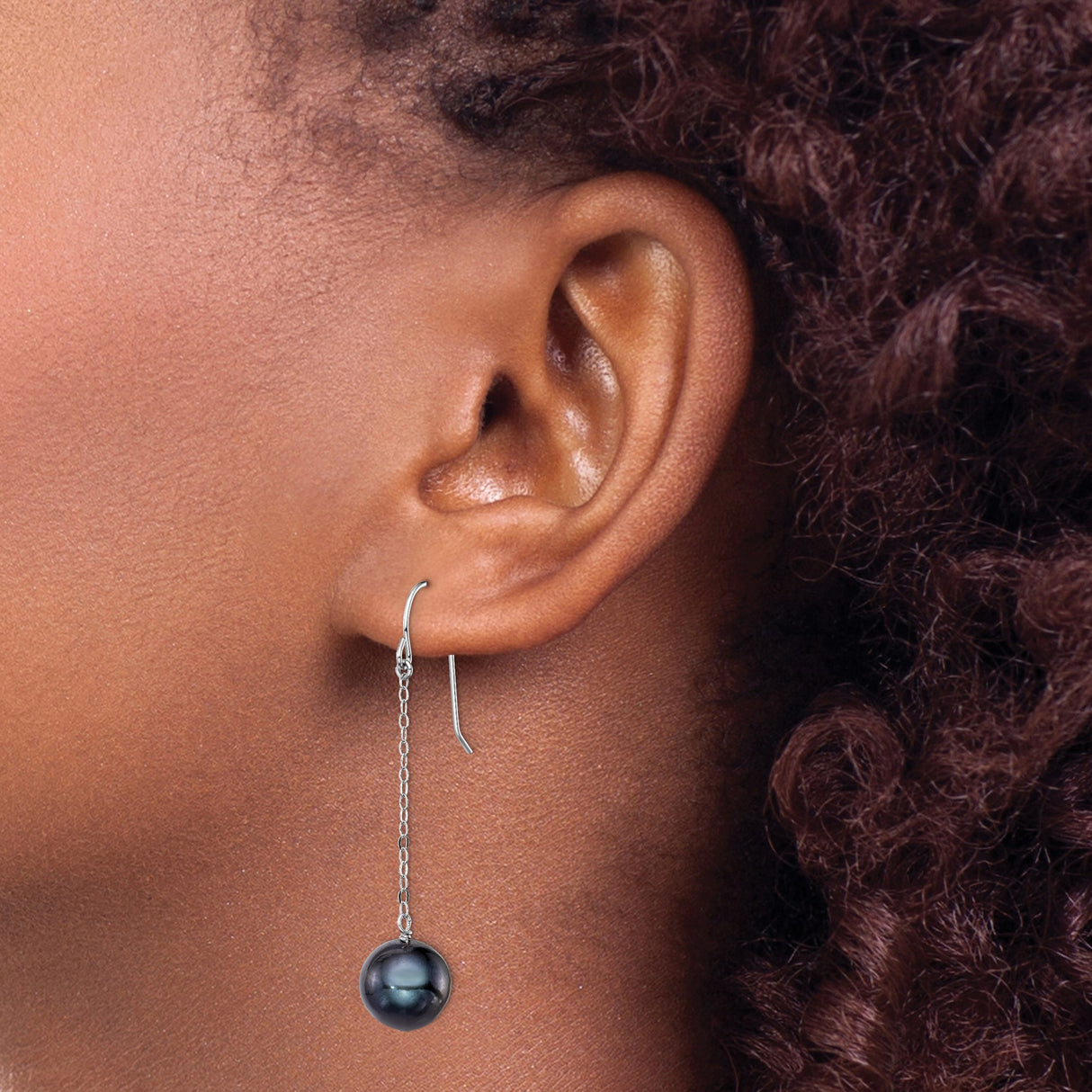 Sterling Silver Dangle Earrings with Black Freshwater Pearls, Long Chain Drop Style