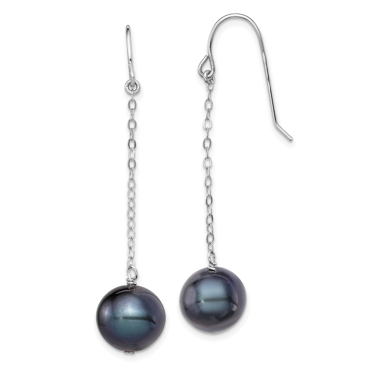 Sterling Silver Dangle Earrings with Black Freshwater Pearls, Long Chain Drop Style