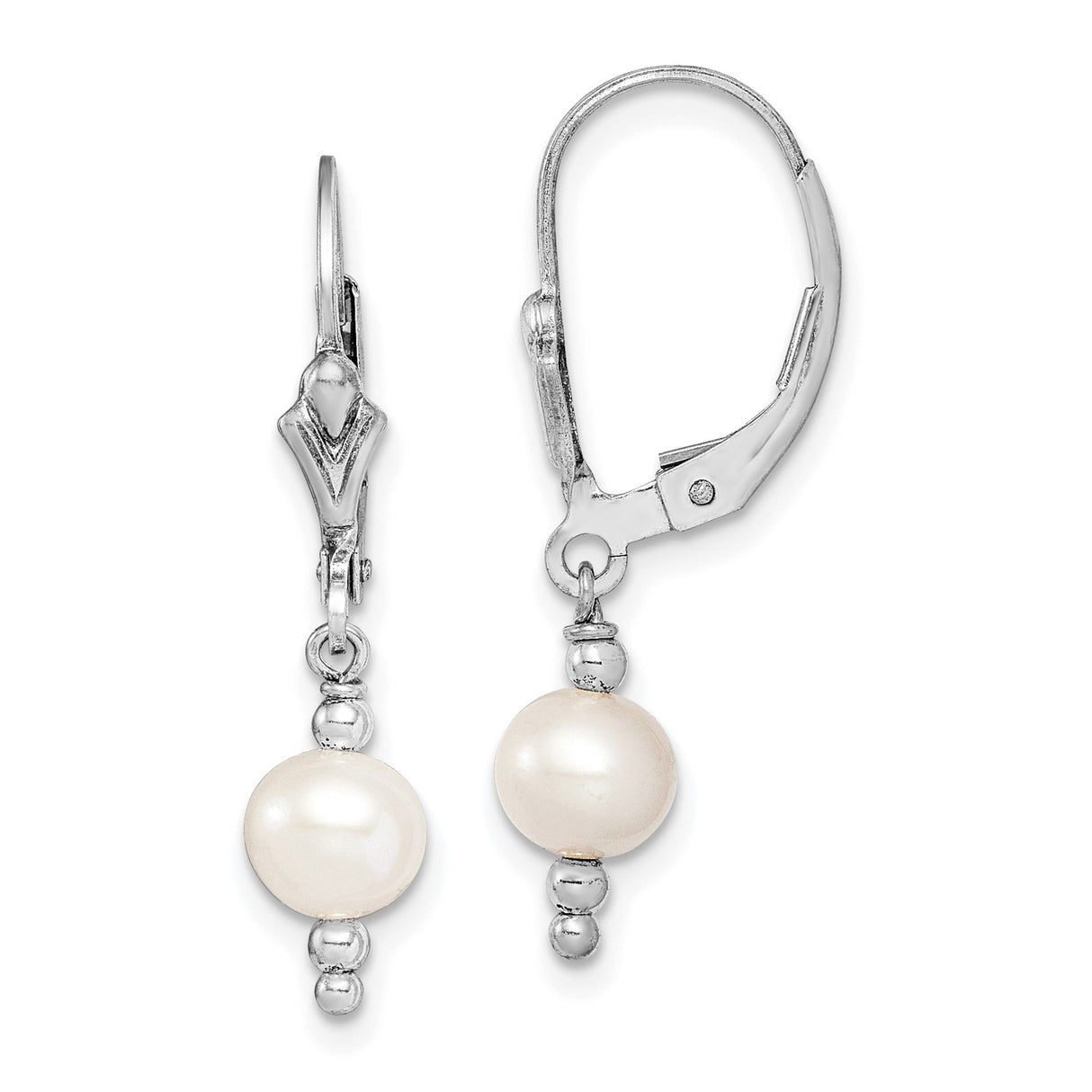 Sterling Silver Dangle Earrings with White Freshwater Cultured Pearls, Leverback Design
