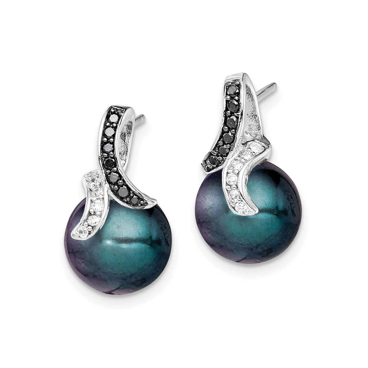 Sterling Silver Stud Earrings with Black Tahitian Pearls and Cubic Zirconia Swirl Accents