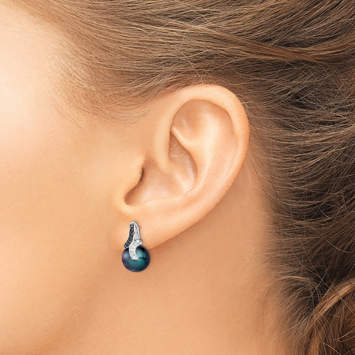 Sterling Silver Stud Earrings with Black Tahitian Pearls and Cubic Zirconia Swirl Accents