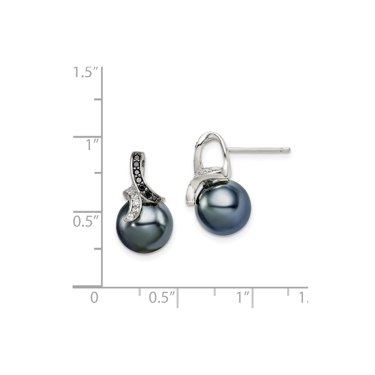 Sterling Silver Stud Earrings with Black Tahitian Pearls and Cubic Zirconia Swirl Accents