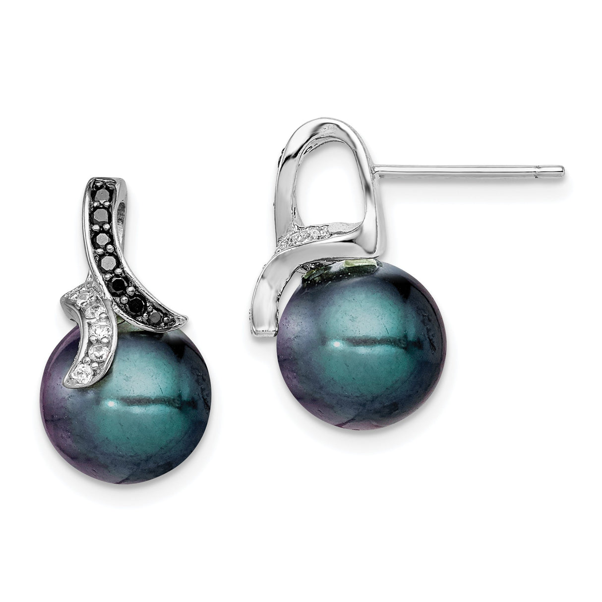 Sterling Silver Stud Earrings with Black Tahitian Pearls and Cubic Zirconia Swirl Accents