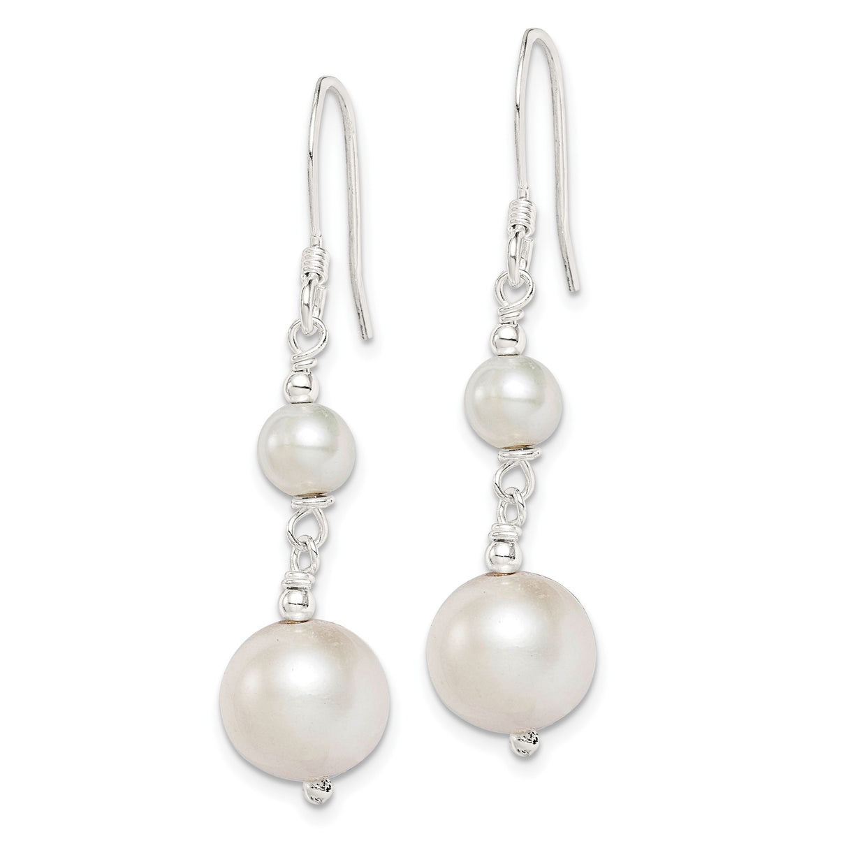 Sterling Silver Dangle Earrings with White Freshwater Pearl Drops, Double Pearl Design