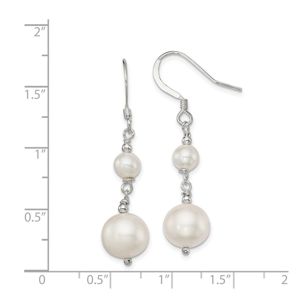 Sterling Silver Dangle Earrings with White Freshwater Pearl Drops, Double Pearl Design