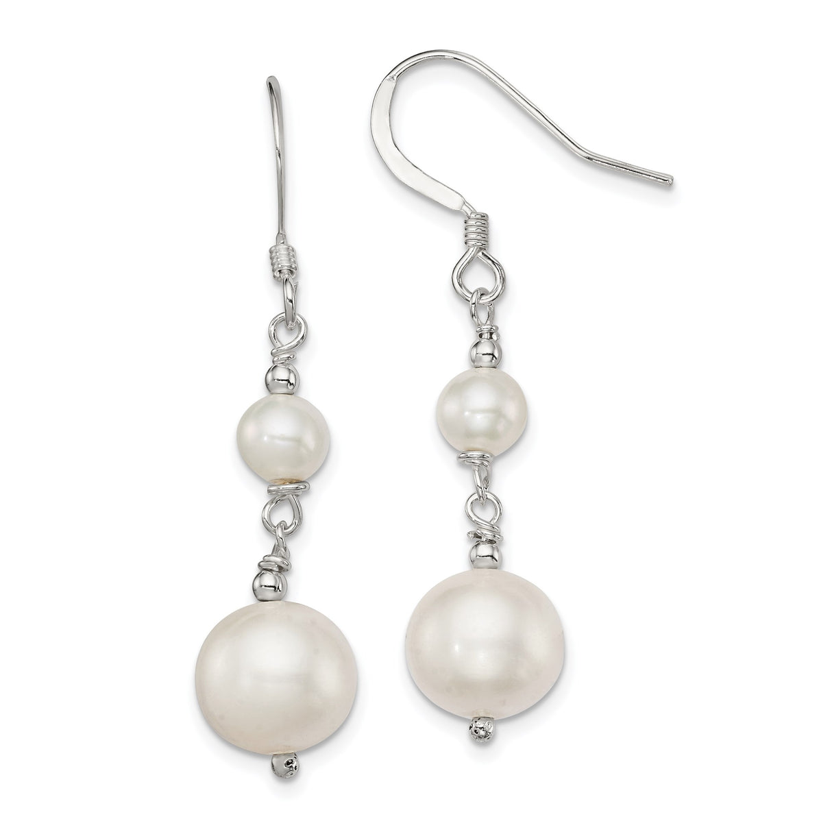 Sterling Silver Dangle Earrings with White Freshwater Pearl Drops, Double Pearl Design