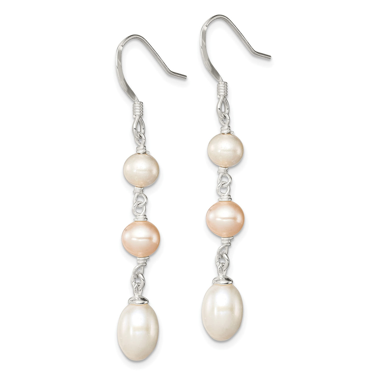 Sterling Silver Dangle Earrings with Three Freshwater Cultured Pearls in White and Blush Tones
