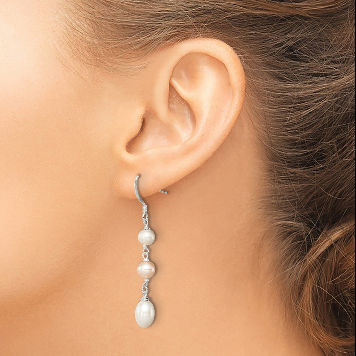 Sterling Silver Dangle Earrings with Three Freshwater Cultured Pearls in White and Blush Tones