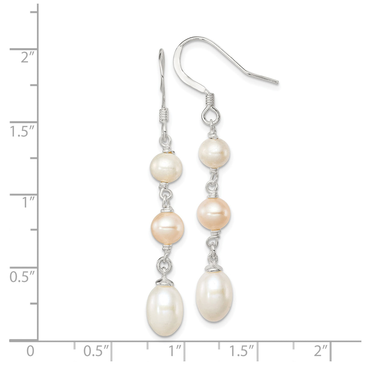 Sterling Silver Dangle Earrings with Three Freshwater Cultured Pearls in White and Blush Tones