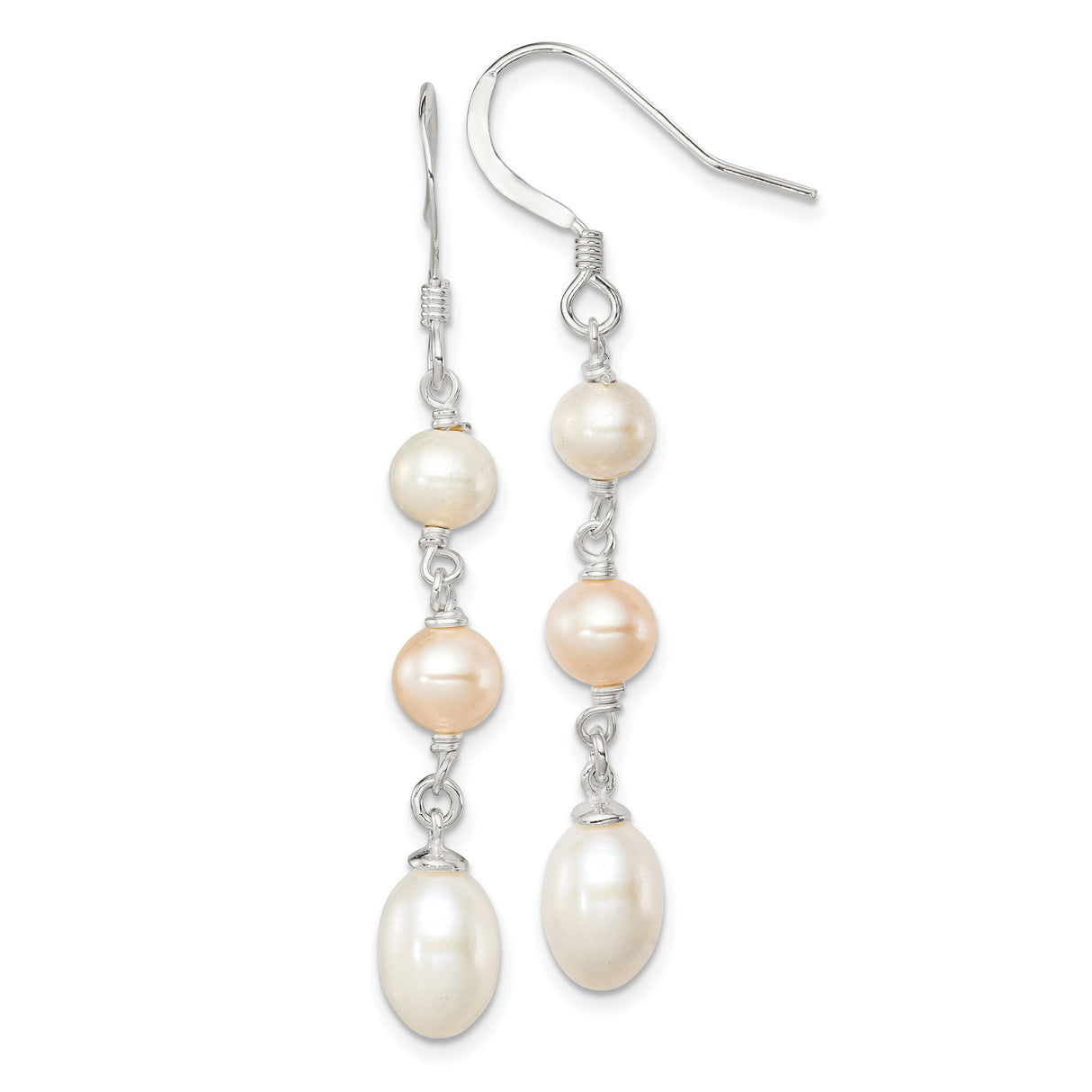 Sterling Silver Dangle Earrings with Three Freshwater Cultured Pearls in White and Blush Tones