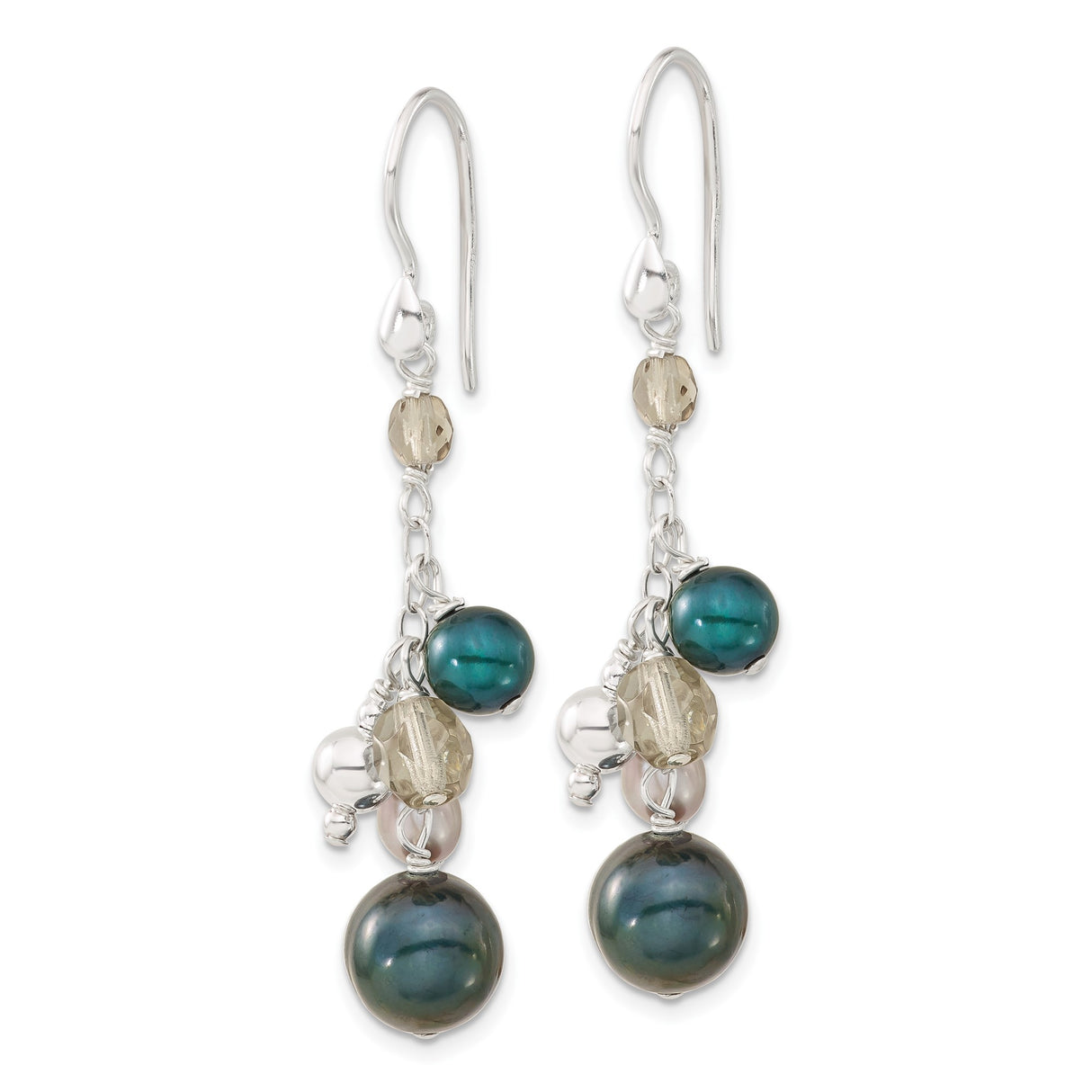 Sterling Silver Dangle Earrings with Simulated Pearl and Faceted Glass Beads, Multicolor Drop Style