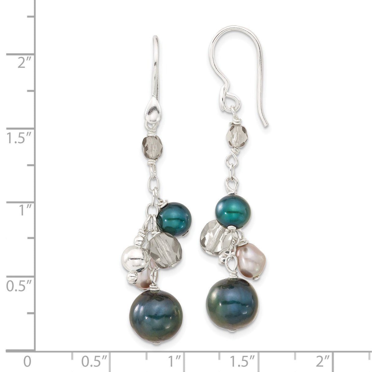 Sterling Silver Dangle Earrings with Simulated Pearl and Faceted Glass Beads, Multicolor Drop Style
