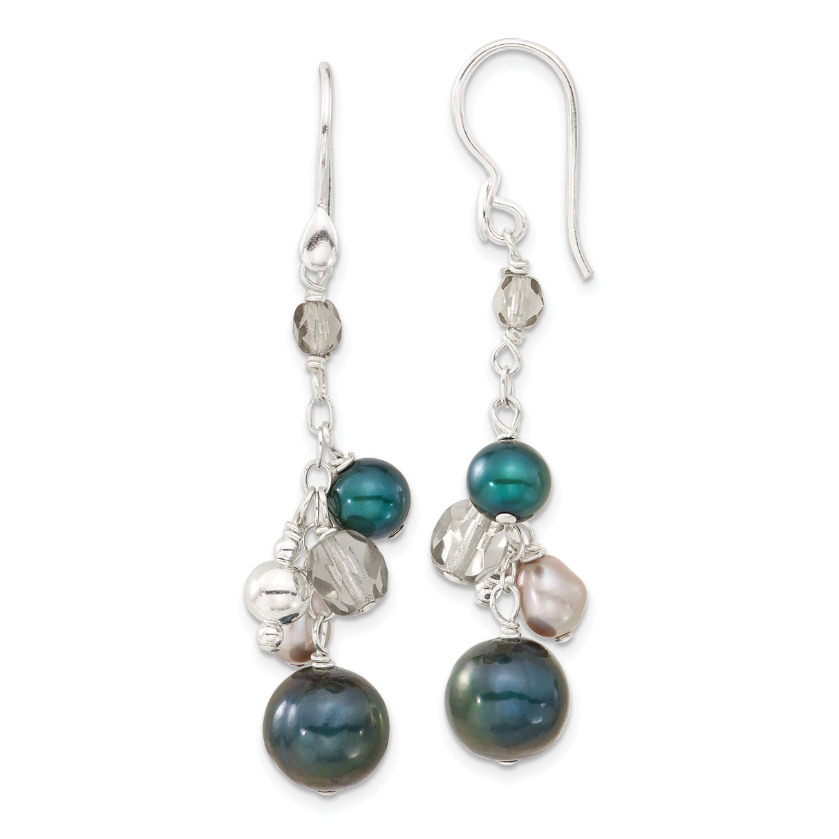 Sterling Silver Dangle Earrings with Simulated Pearl and Faceted Glass Beads, Multicolor Drop Style