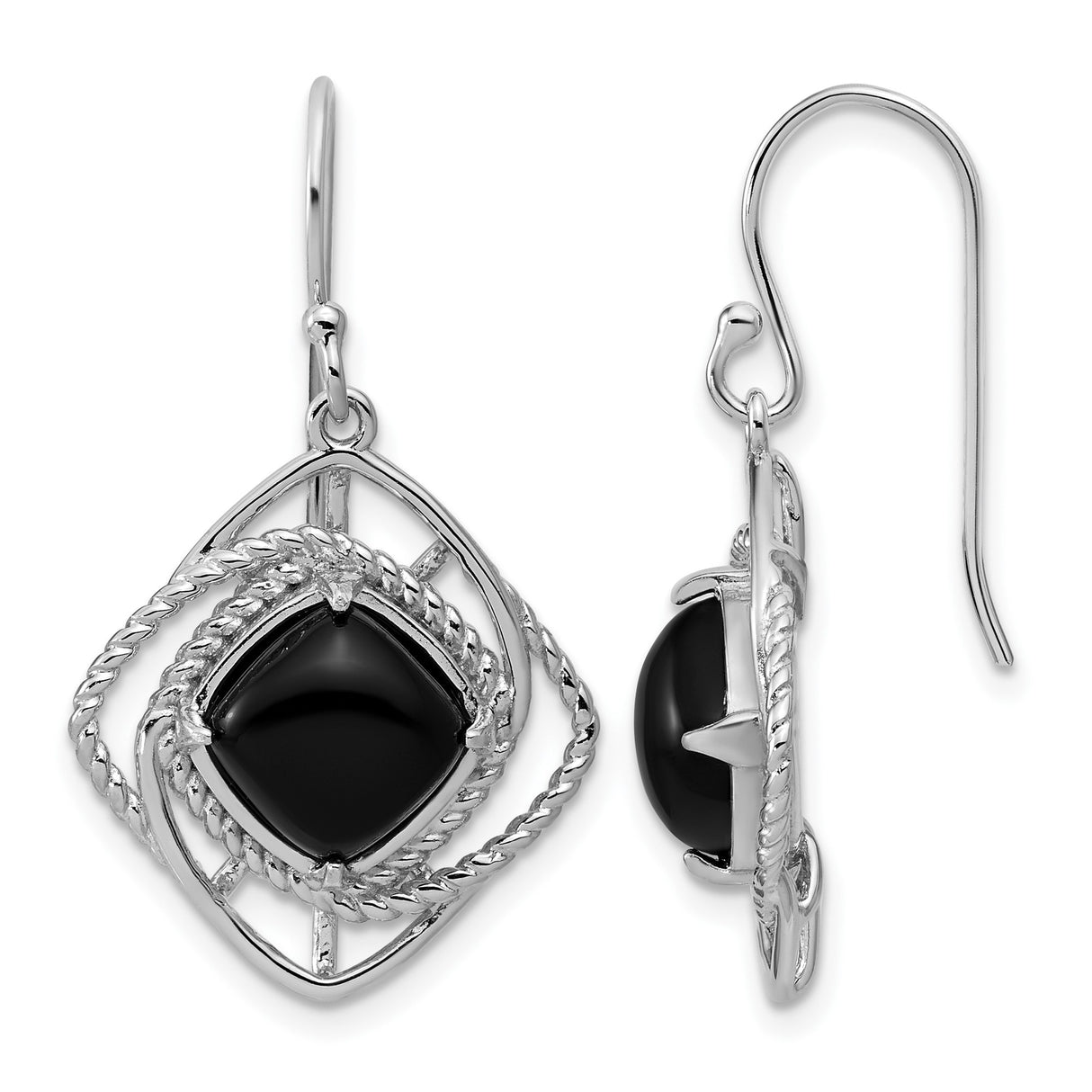 Sterling Silver Dangle Earrings with Black Onyx, Twisted Rope and Geometric Design