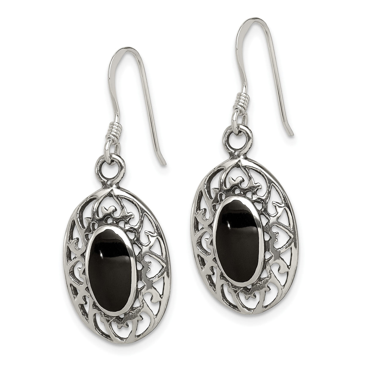 Sterling Silver Dangle Earrings with Black Onyx, Filigree Openwork Gothic Style