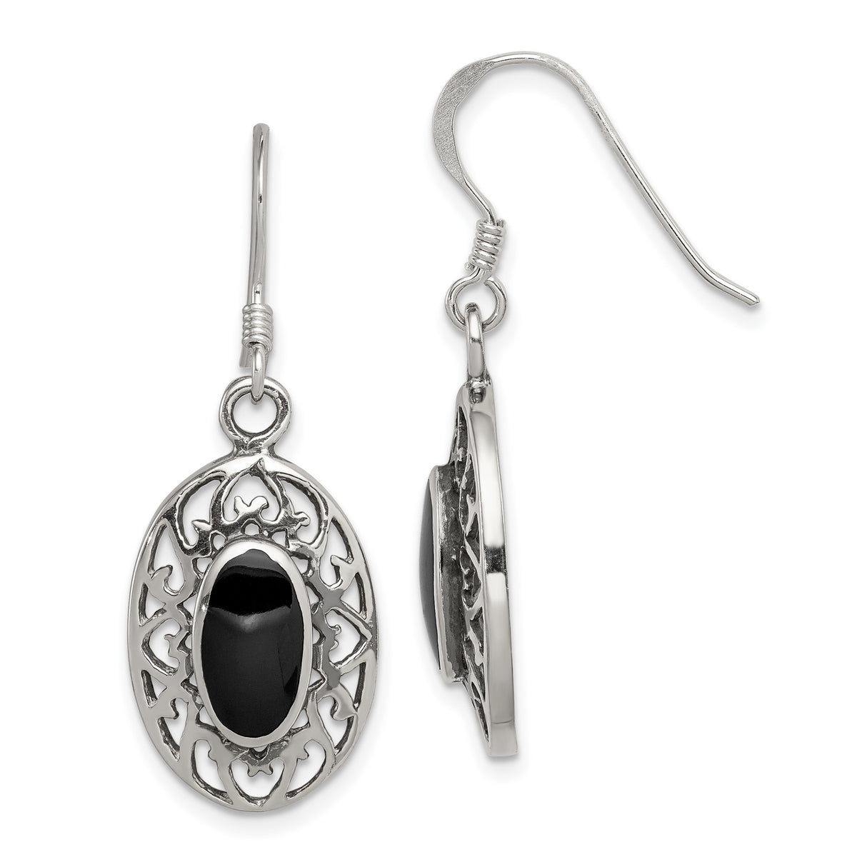 Sterling Silver Dangle Earrings with Black Onyx, Filigree Openwork Gothic Style