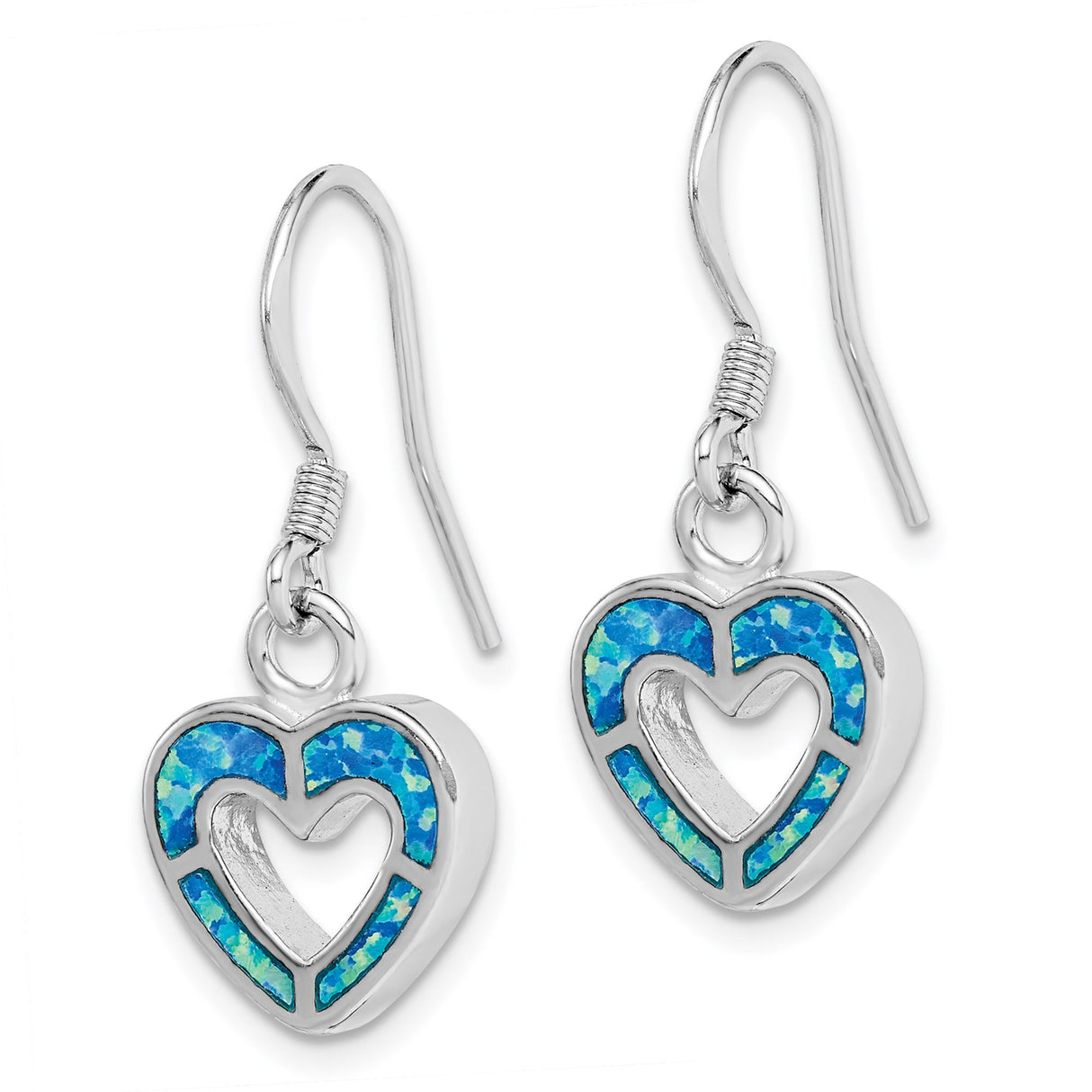 Sterling Silver Heart Dangle Earrings with Created Blue Green Opal Inlay, Romantic Drop Design