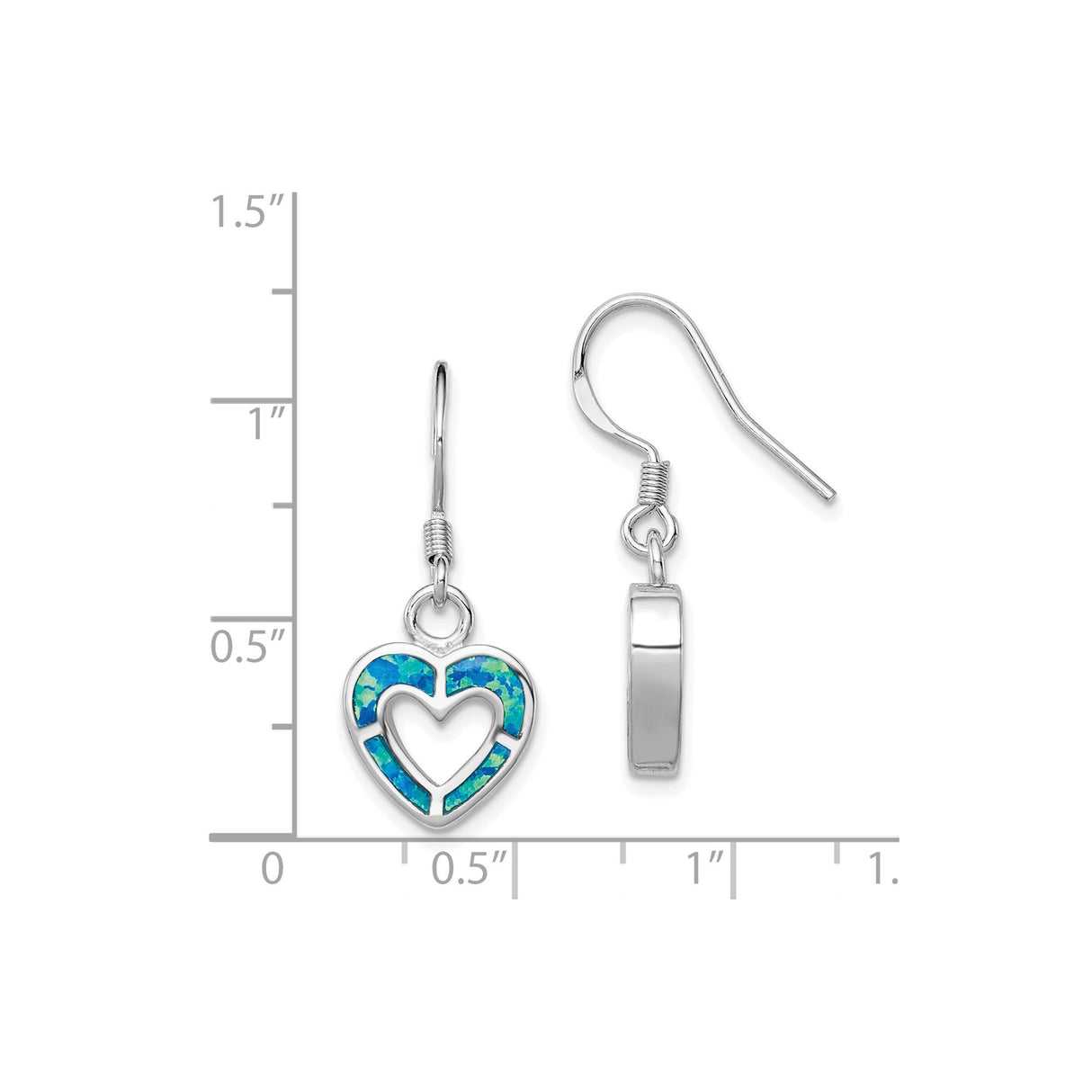 Sterling Silver Heart Dangle Earrings with Created Blue Green Opal Inlay, Romantic Drop Design