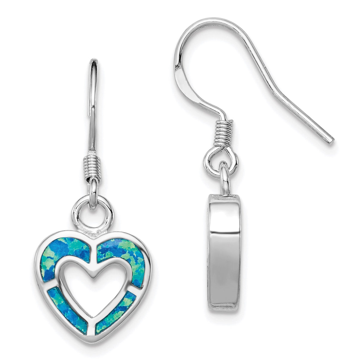Sterling Silver Heart Dangle Earrings with Created Blue Green Opal Inlay, Romantic Drop Design