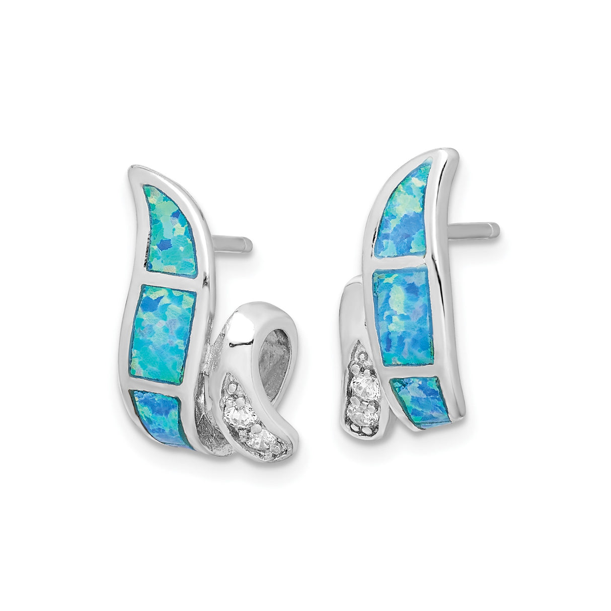 Sterling Silver Wave Stud Earrings with Lab Created Opal and Cubic Zirconia Accents
