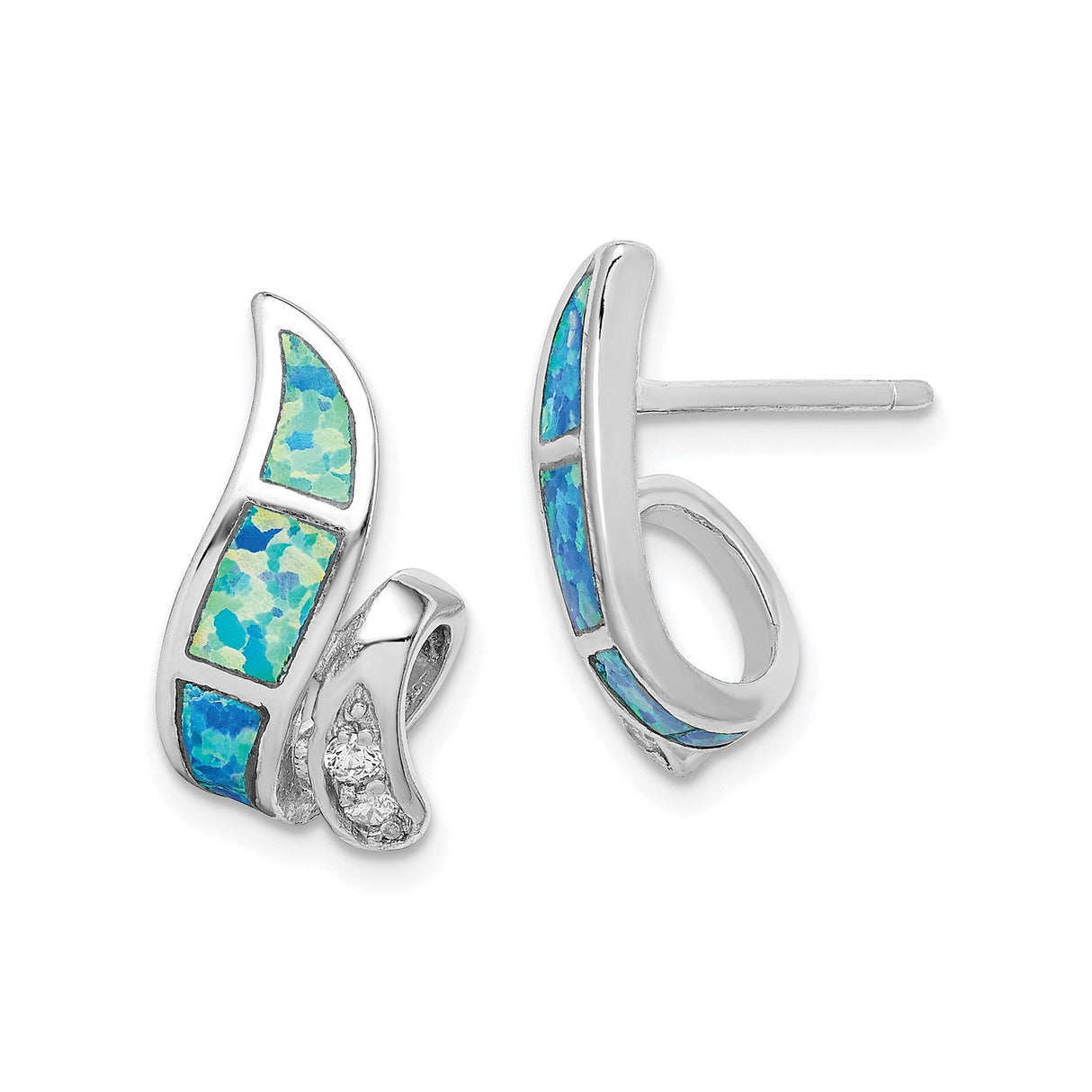 Sterling Silver Wave Stud Earrings with Lab Created Opal and Cubic Zirconia Accents