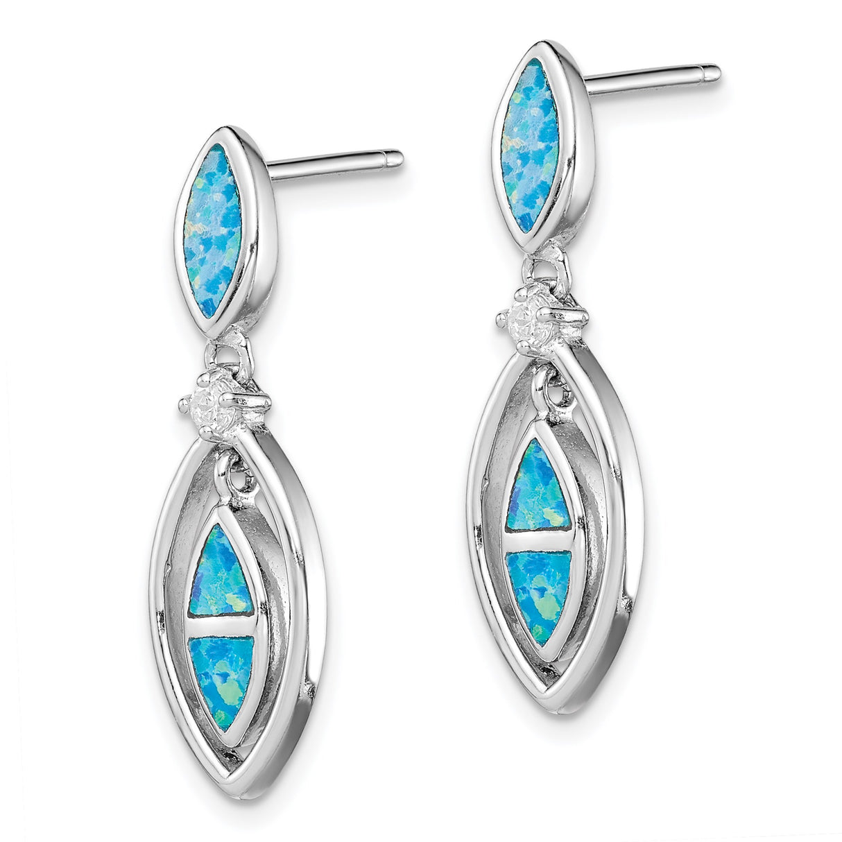Sterling Silver Dangle Earrings with Blue Lab Created Opal and Cubic Zirconia, Marquise Drop Design