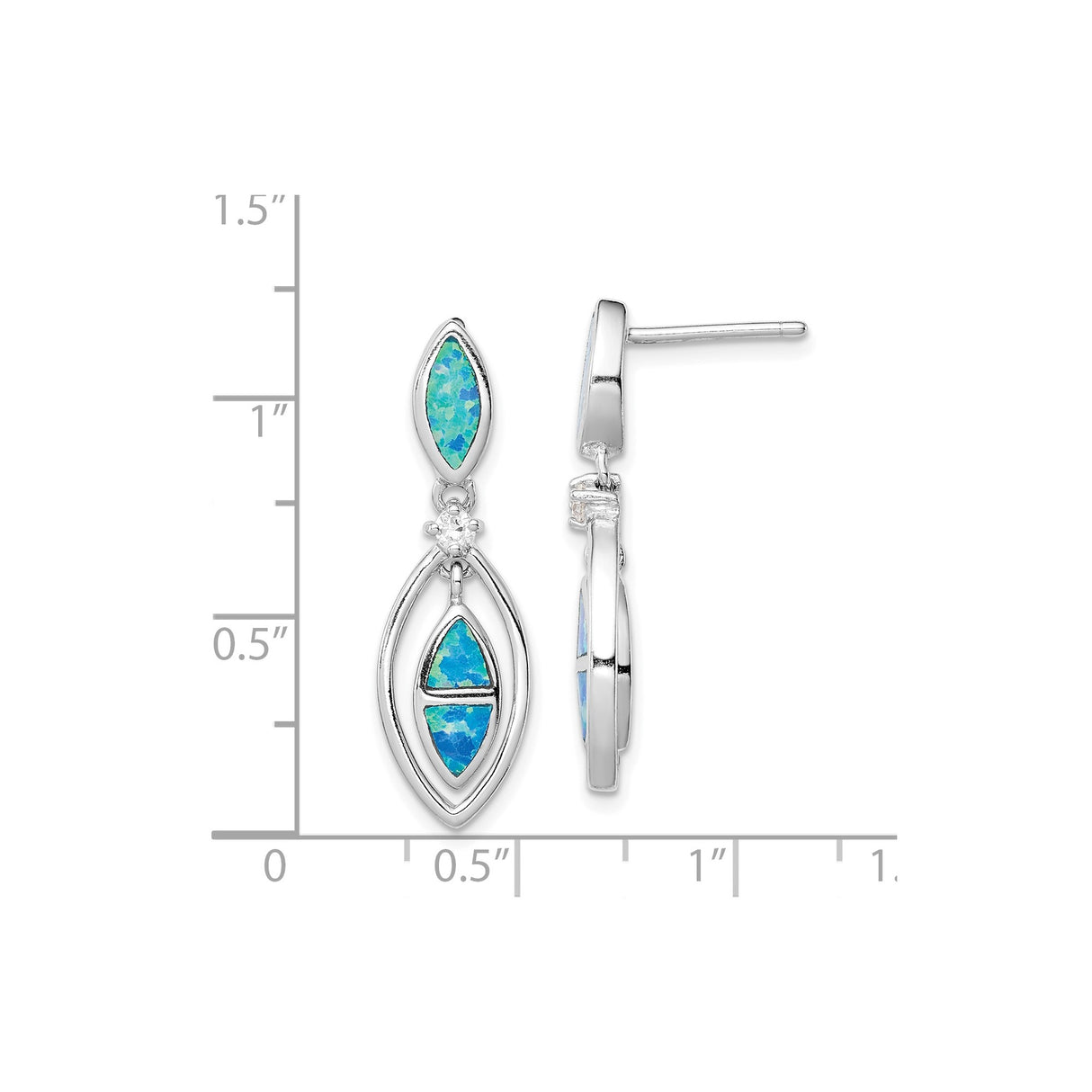 Sterling Silver Dangle Earrings with Blue Lab Created Opal and Cubic Zirconia, Marquise Drop Design