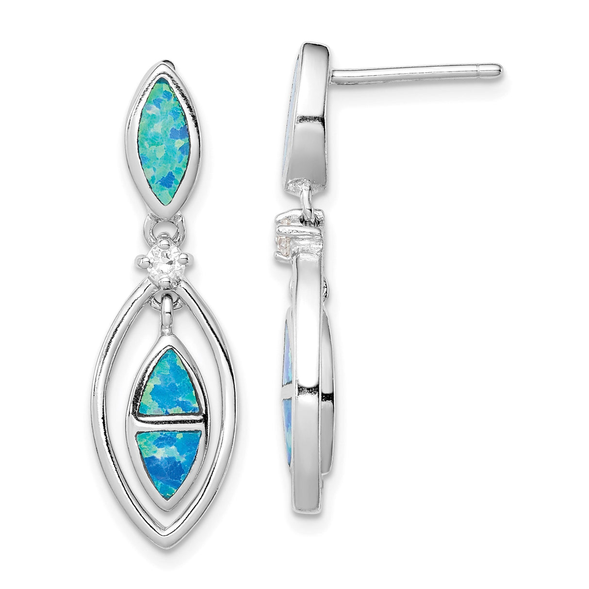 Sterling Silver Dangle Earrings with Blue Lab Created Opal and Cubic Zirconia, Marquise Drop Design