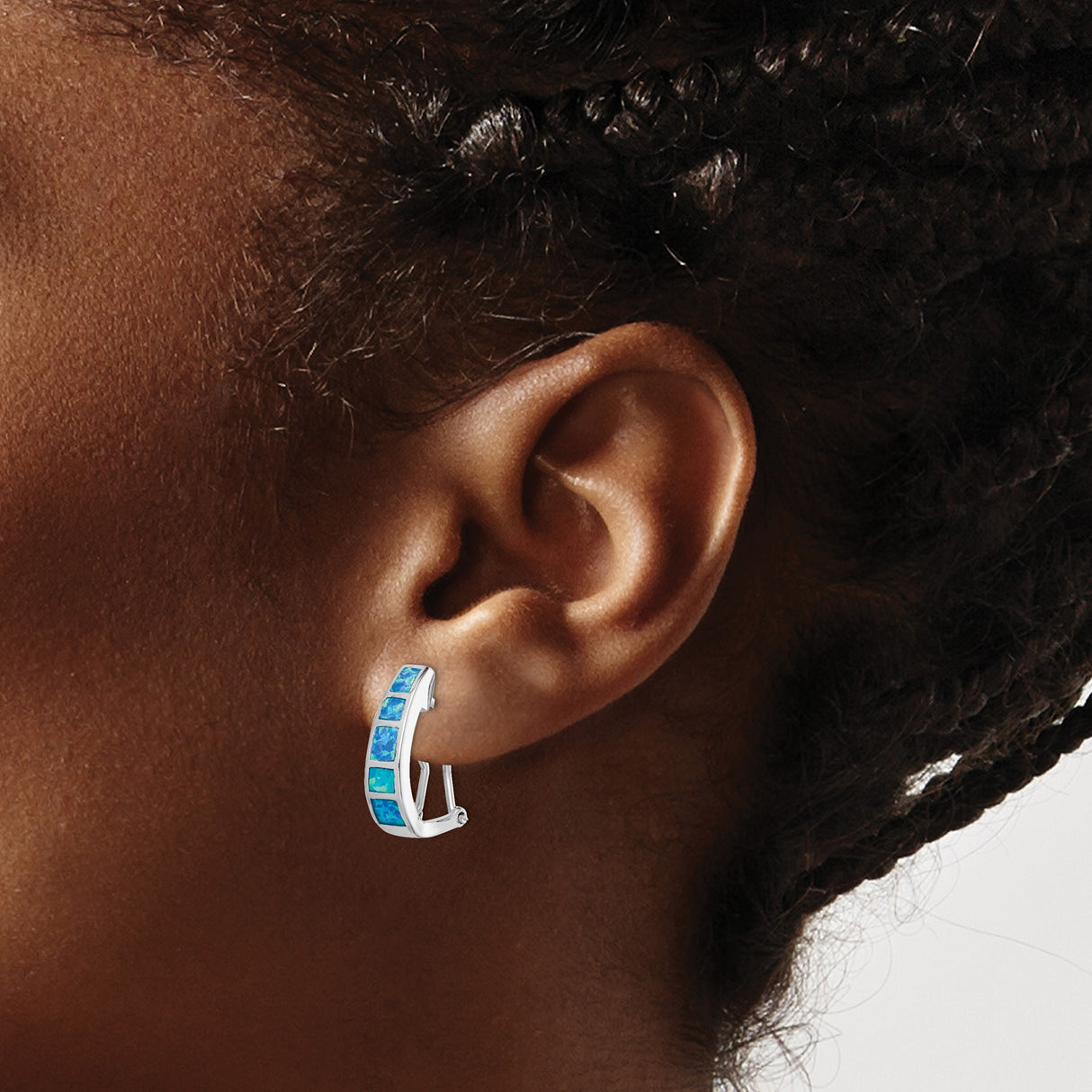 Sterling Silver Hoop Earrings with Created Blue Opal, Ocean-Inspired Modern Design