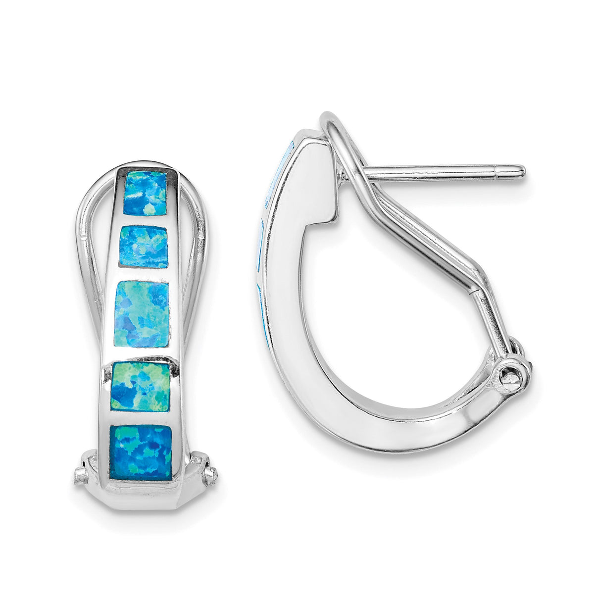 Sterling Silver Hoop Earrings with Created Blue Opal, Ocean-Inspired Modern Design