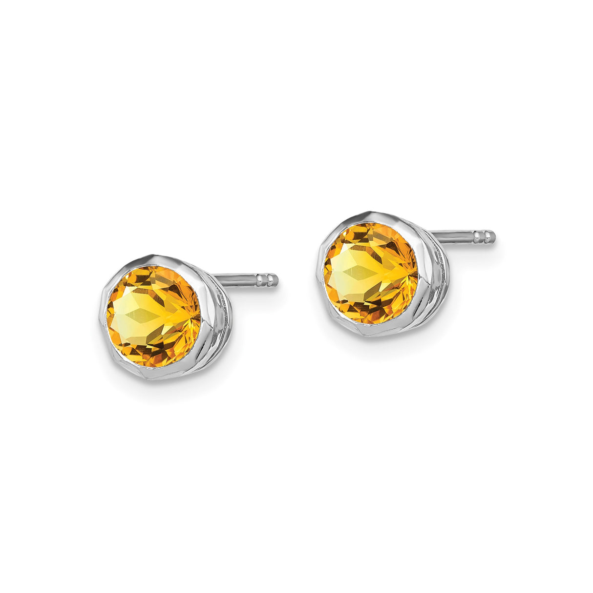 Sterling Silver Stud Earrings with Round Citrine in Bezel Setting, Minimalist Circle Style