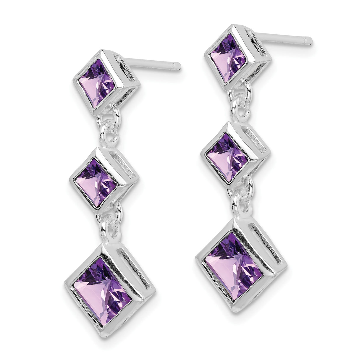 Sterling Silver Dangle Earrings with Faceted Amethyst, Square Cut, Linked Linear Design for Women