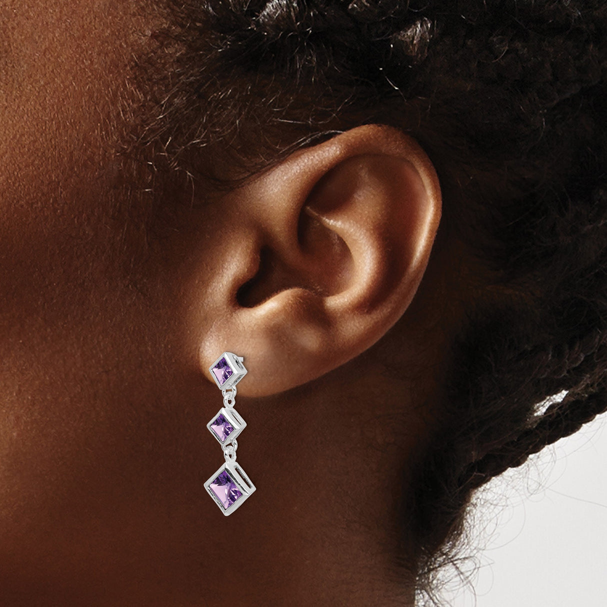 Sterling Silver Dangle Earrings with Faceted Amethyst, Square Cut, Linked Linear Design for Women