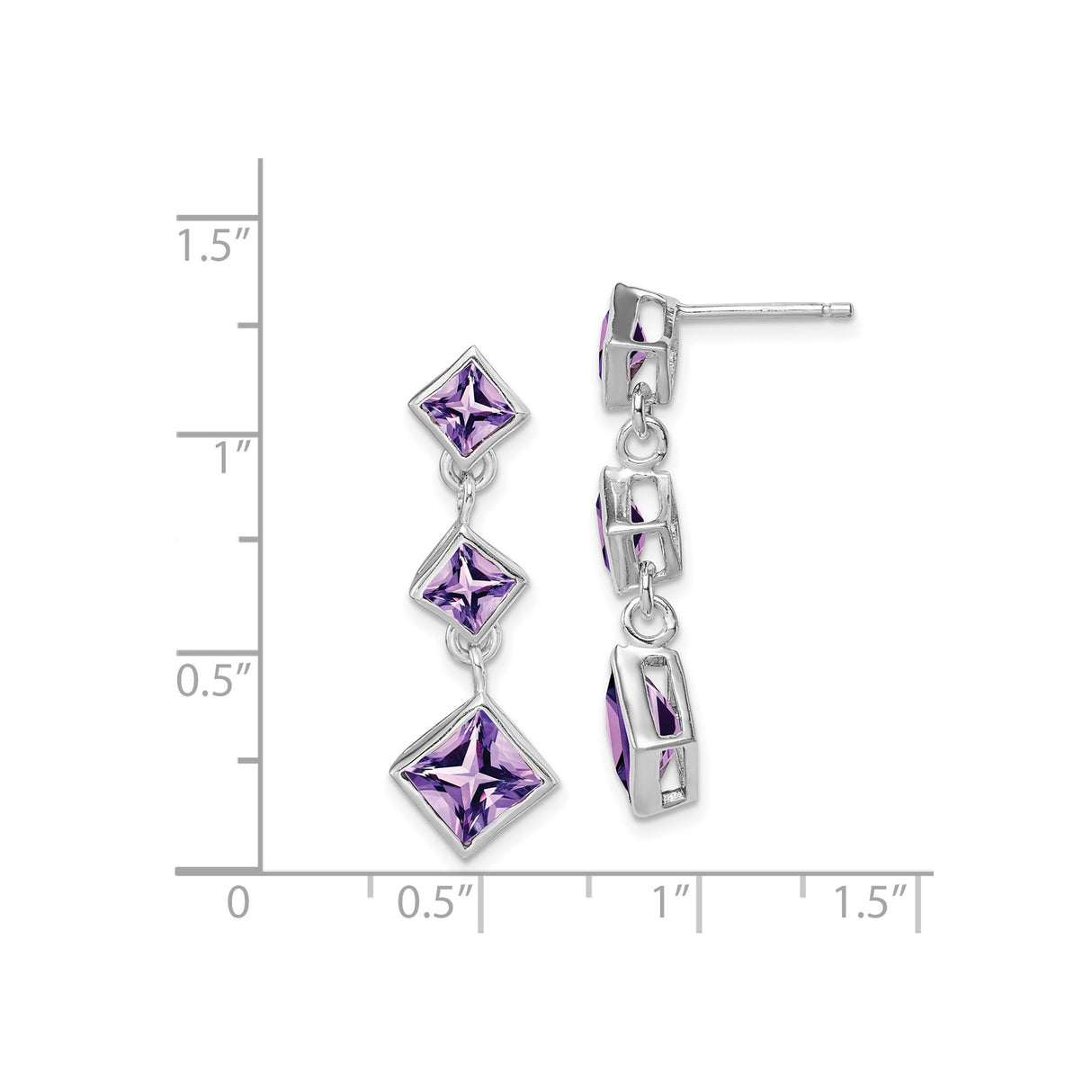 Sterling Silver Dangle Earrings with Faceted Amethyst, Square Cut, Linked Linear Design for Women
