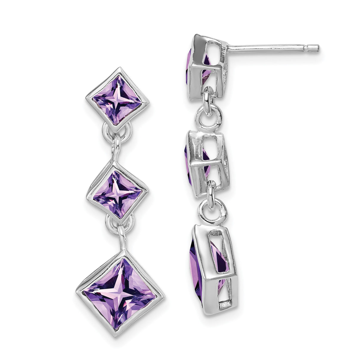 Sterling Silver Dangle Earrings with Faceted Amethyst, Square Cut, Linked Linear Design for Women