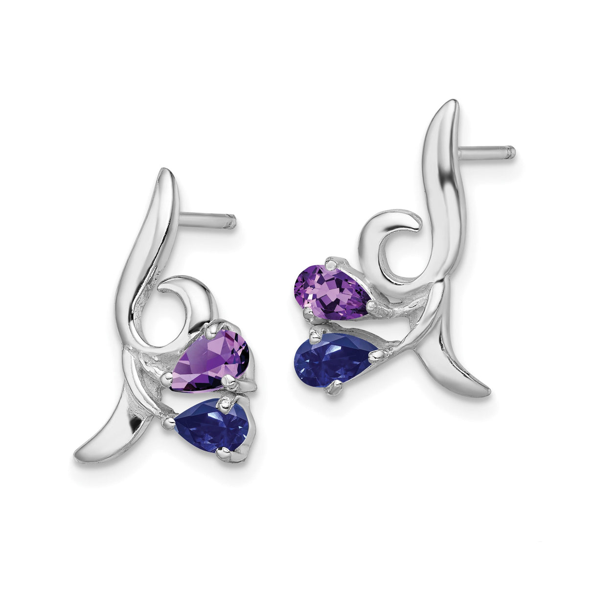 Sterling Silver Stud Earrings with Amethyst and Iolite, Floral Vine Botanical Design