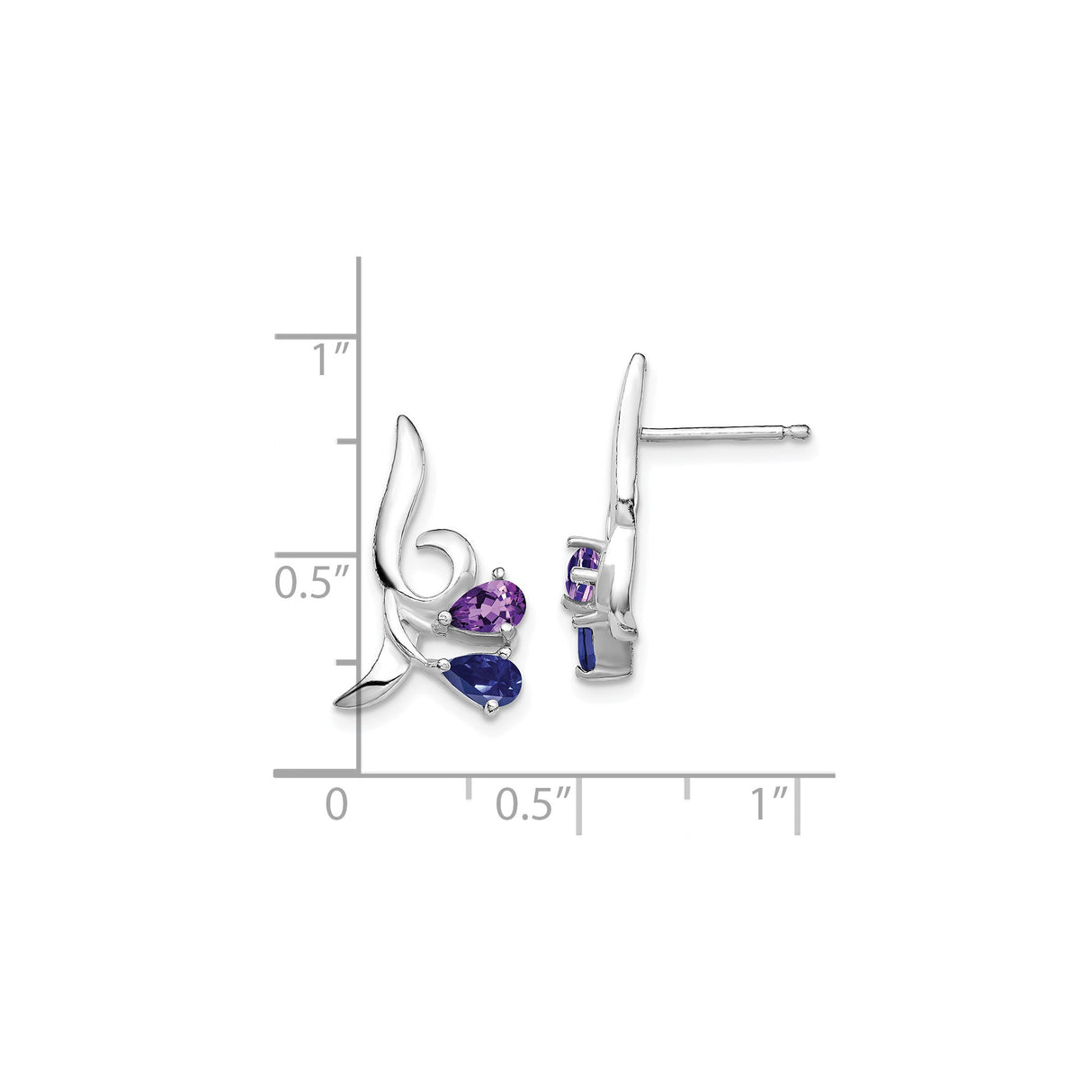 Sterling Silver Stud Earrings with Amethyst and Iolite, Floral Vine Botanical Design