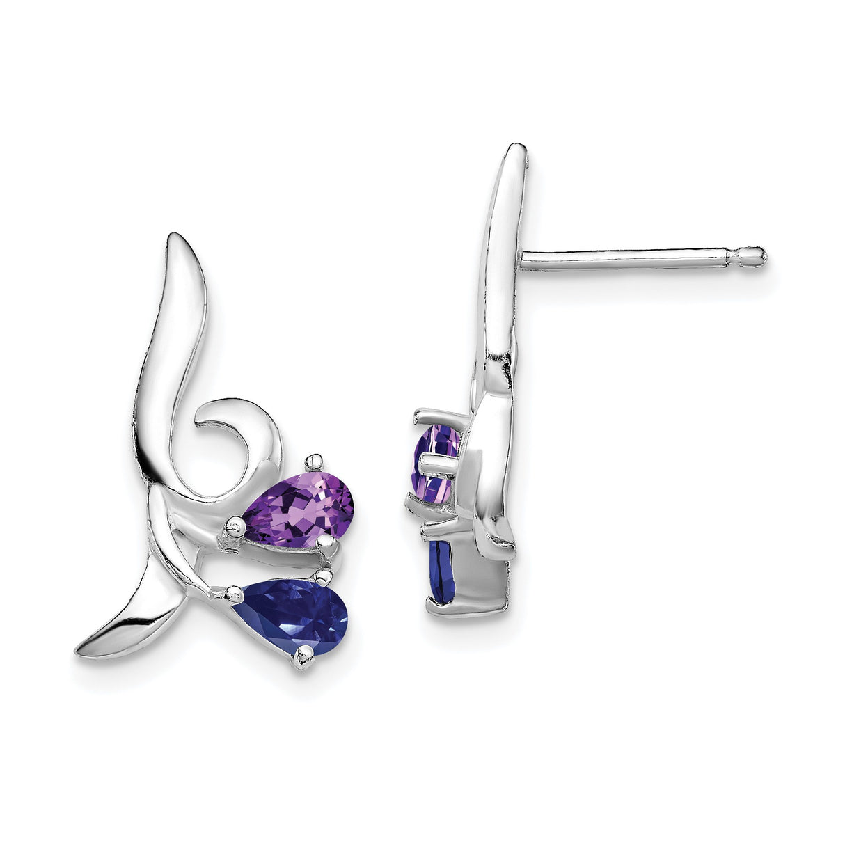 Sterling Silver Stud Earrings with Amethyst and Iolite, Floral Vine Botanical Design