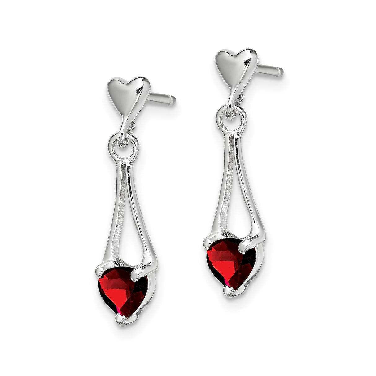 Sterling Silver Heart Shaped Dangle Earrings with Garnet and Silver Heart Accents
