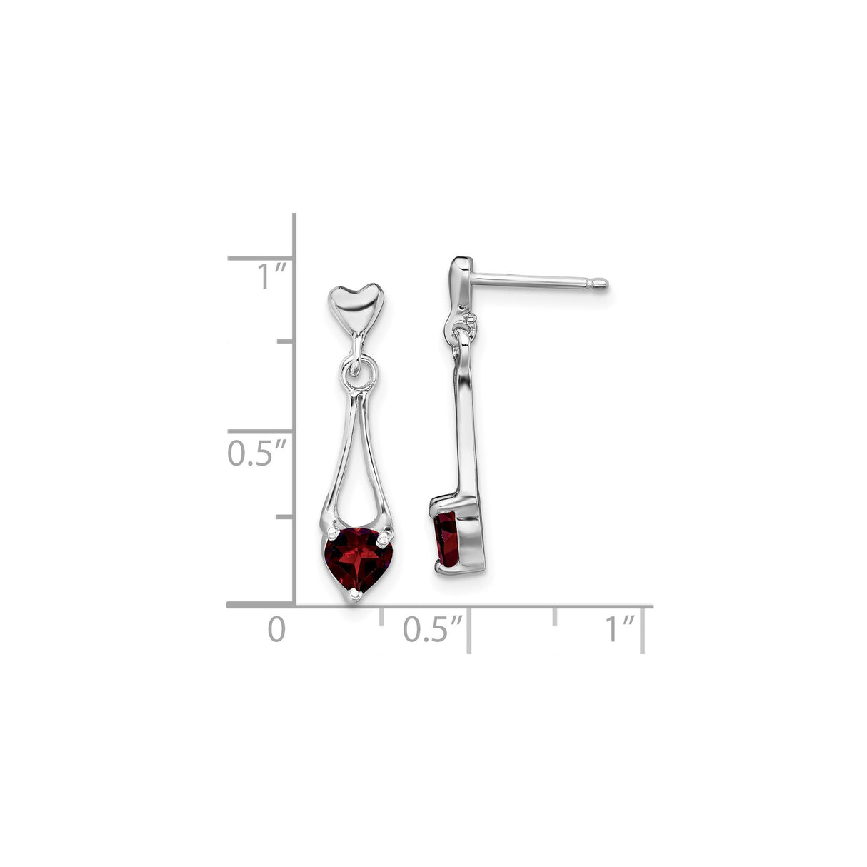 Sterling Silver Heart Shaped Dangle Earrings with Garnet and Silver Heart Accents